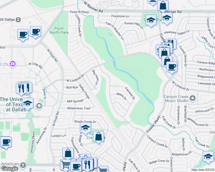 map of restaurants, bars, coffee shops, grocery stores, and more near 2435 Canyon Creek Drive in Richardson
