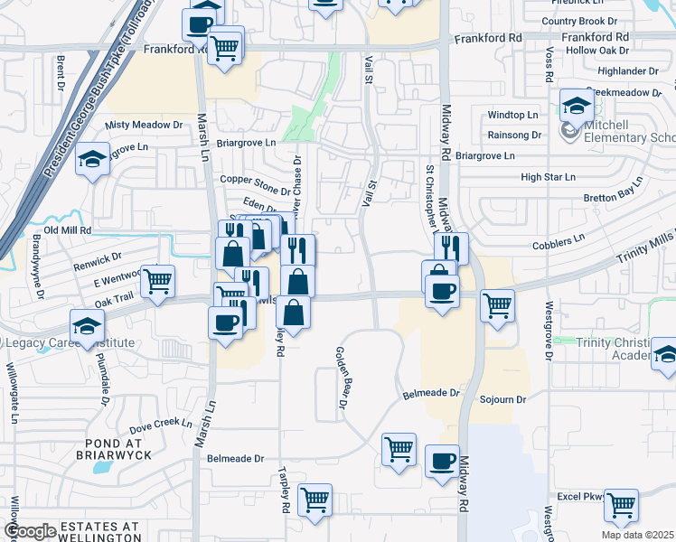 map of restaurants, bars, coffee shops, grocery stores, and more near 3637 East Trinity Mills Road in Dallas