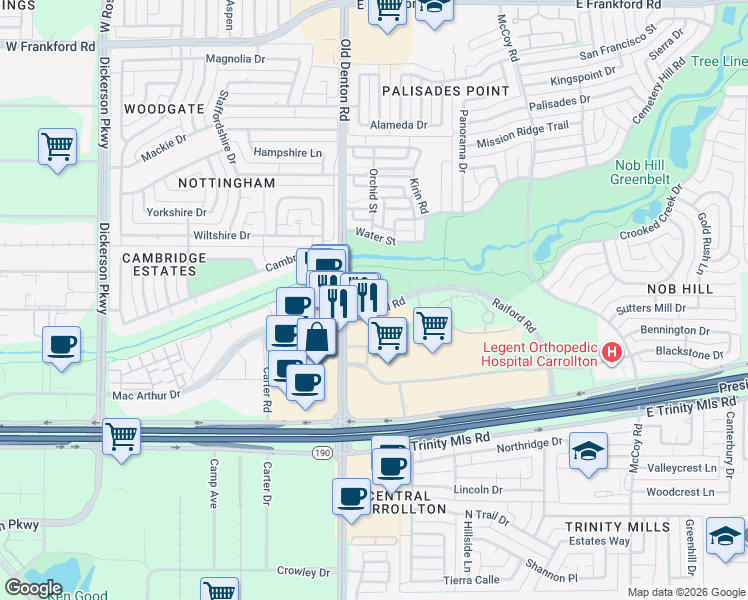 map of restaurants, bars, coffee shops, grocery stores, and more near 2800 Old Denton Road in Carrollton