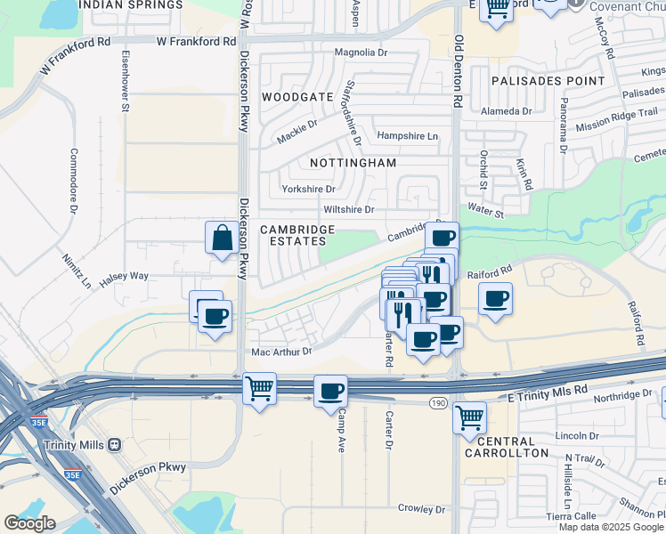 map of restaurants, bars, coffee shops, grocery stores, and more near 1201 Cambridge Drive in Carrollton