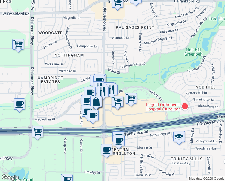 map of restaurants, bars, coffee shops, grocery stores, and more near 2700 Old Denton Road in Carrollton