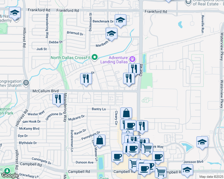 map of restaurants, bars, coffee shops, grocery stores, and more near 7795 McCallum Boulevard in Dallas