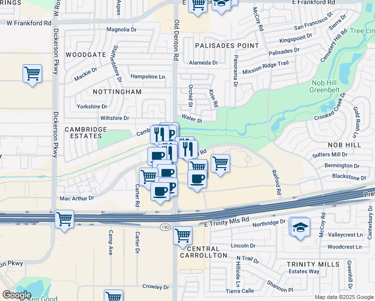 map of restaurants, bars, coffee shops, grocery stores, and more near 2800 Old Denton Road in Carrollton