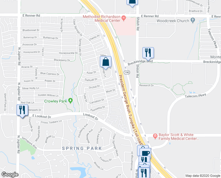 map of restaurants, bars, coffee shops, grocery stores, and more near 2709 Mum Drive in Richardson