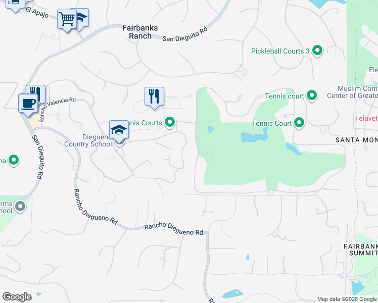 map of restaurants, bars, coffee shops, grocery stores, and more near 6182 Paseo Valencia in Rancho Santa Fe