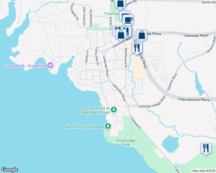map of restaurants, bars, coffee shops, grocery stores, and more near 2800 Lakeside Parkway in Flower Mound
