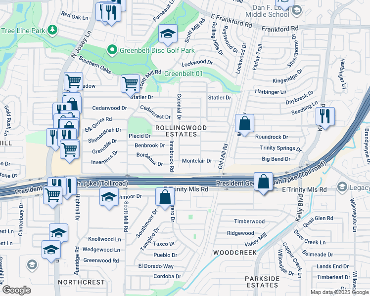 map of restaurants, bars, coffee shops, grocery stores, and more near 2204 Benbrook Drive in Carrollton
