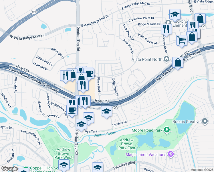 map of restaurants, bars, coffee shops, grocery stores, and more near 2967 Florence Way in Lewisville