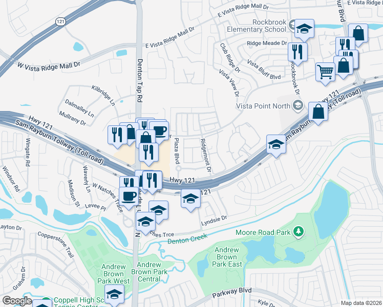 map of restaurants, bars, coffee shops, grocery stores, and more near 2967 Florence Way in Lewisville