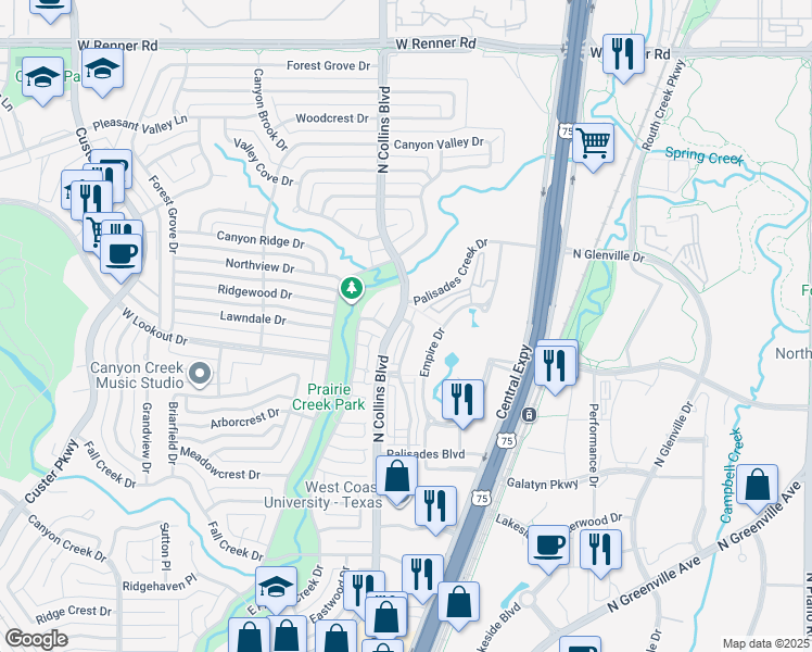 map of restaurants, bars, coffee shops, grocery stores, and more near 2554 Collins Boulevard in Richardson