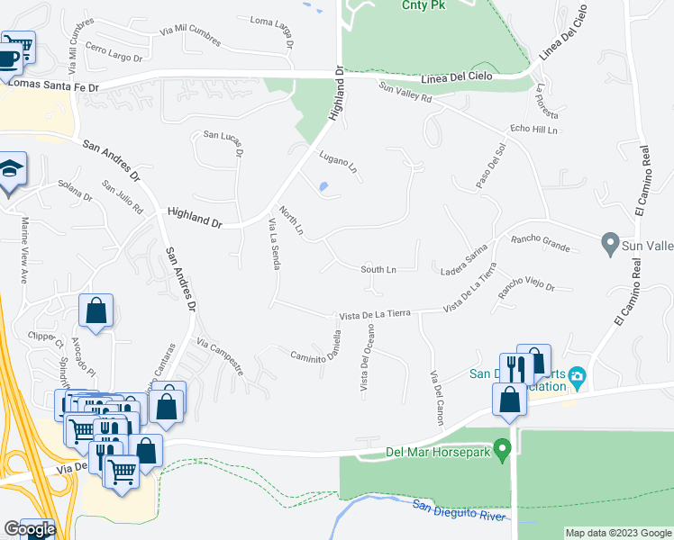 map of restaurants, bars, coffee shops, grocery stores, and more near 1547 West Lane in Del Mar