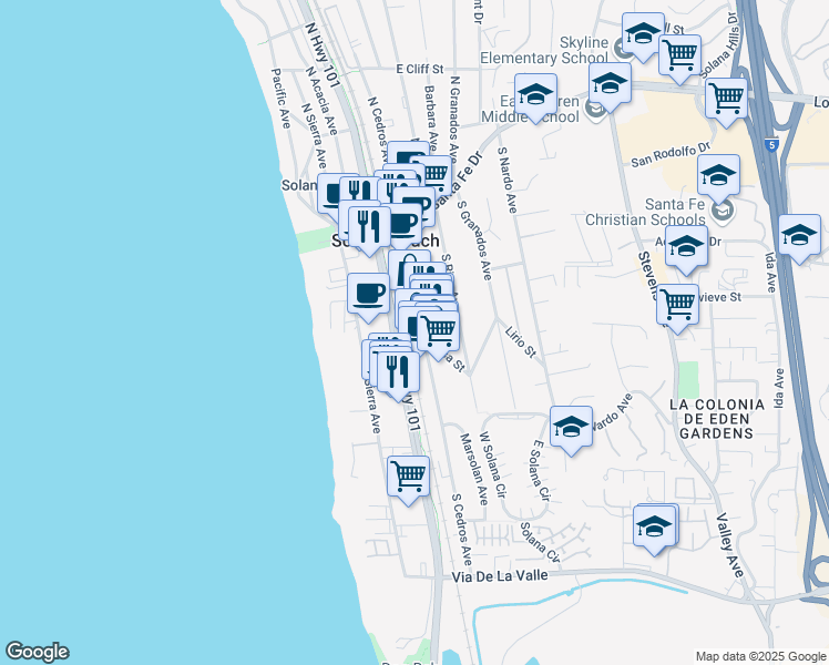 map of restaurants, bars, coffee shops, grocery stores, and more near 341 South Cedros Avenue in Solana Beach