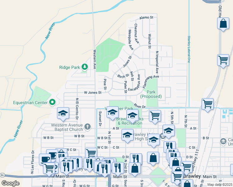 map of restaurants, bars, coffee shops, grocery stores, and more near 893 Flammang Avenue in Brawley