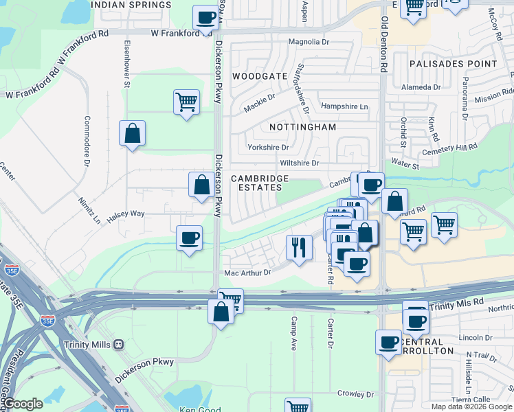 map of restaurants, bars, coffee shops, grocery stores, and more near 2700 Brookshire Drive in Carrollton