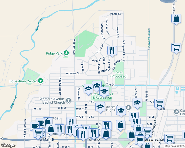 map of restaurants, bars, coffee shops, grocery stores, and more near 893 Flammang Ave in Brawley