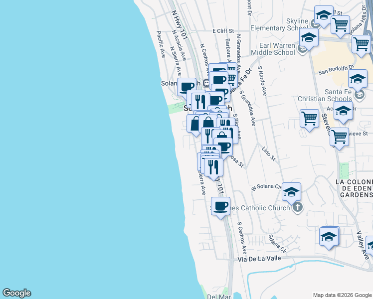 map of restaurants, bars, coffee shops, grocery stores, and more near 240 South Helix Avenue in Solana Beach