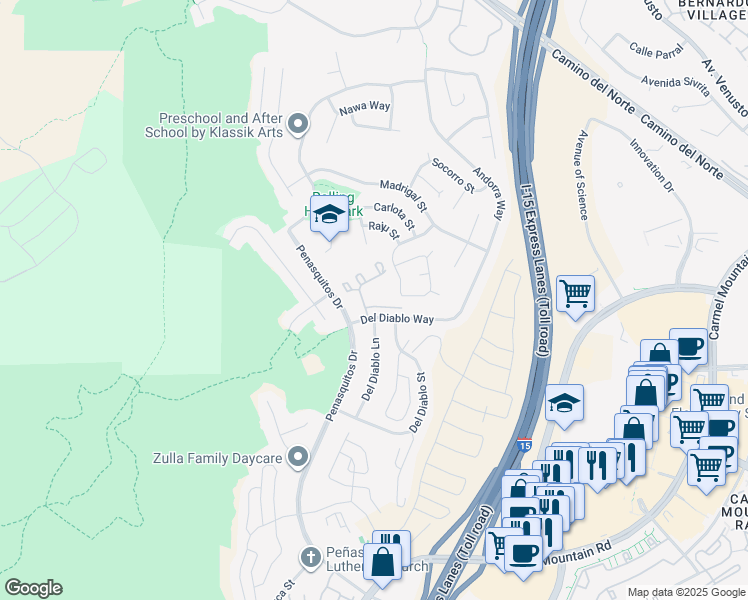 map of restaurants, bars, coffee shops, grocery stores, and more near 1505 Via Llano in San Diego