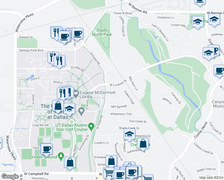 map of restaurants, bars, coffee shops, grocery stores, and more near 1134 Bull Run in Richardson