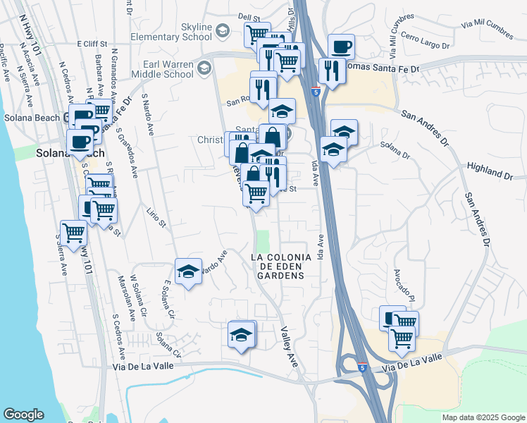 map of restaurants, bars, coffee shops, grocery stores, and more near 648 Stevens Avenue in Solana Beach
