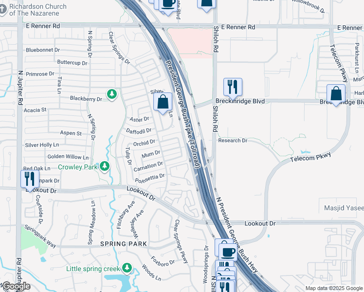 map of restaurants, bars, coffee shops, grocery stores, and more near 2710 Creekmere Drive in Richardson