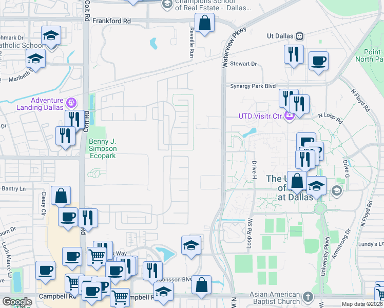 map of restaurants, bars, coffee shops, grocery stores, and more near 17394 Yellow Bells Drive in Dallas