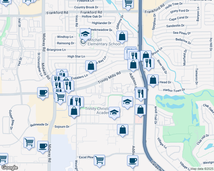 map of restaurants, bars, coffee shops, grocery stores, and more near 4350 Trinity Mills Road in Dallas
