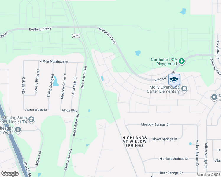 map of restaurants, bars, coffee shops, grocery stores, and more near 14199 Spring Way Drive in Haslet