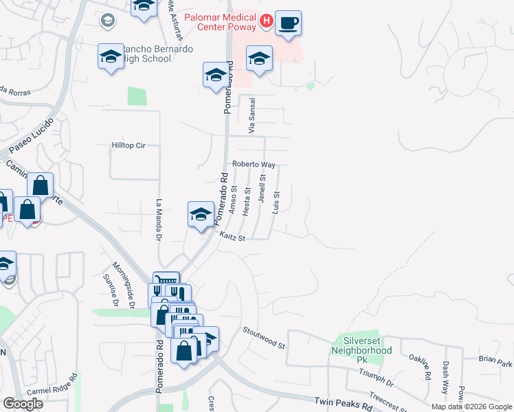 map of restaurants, bars, coffee shops, grocery stores, and more near 15120 Luis Street in Poway