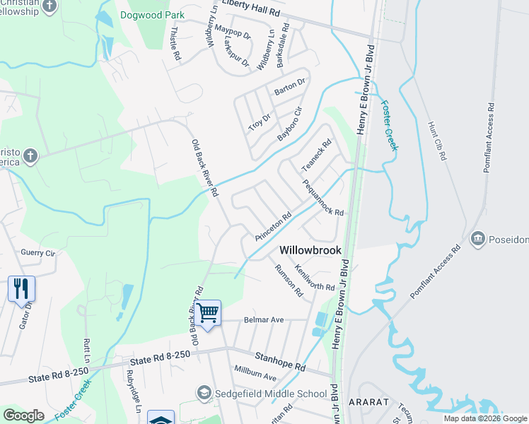 map of restaurants, bars, coffee shops, grocery stores, and more near 36 Oak Grove Road in Goose Creek