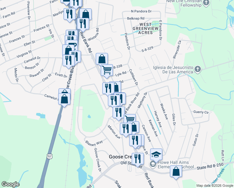map of restaurants, bars, coffee shops, grocery stores, and more near 213 Red Bank Road in Goose Creek