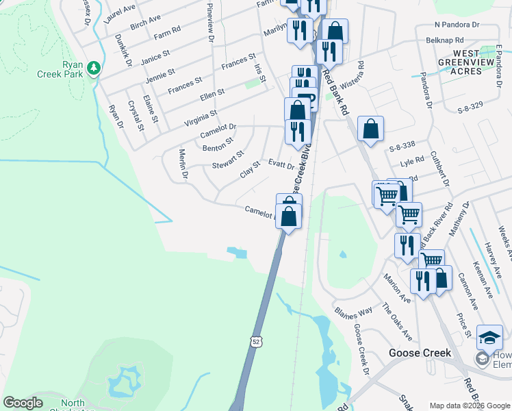 map of restaurants, bars, coffee shops, grocery stores, and more near 362 Camelot Drive in Goose Creek