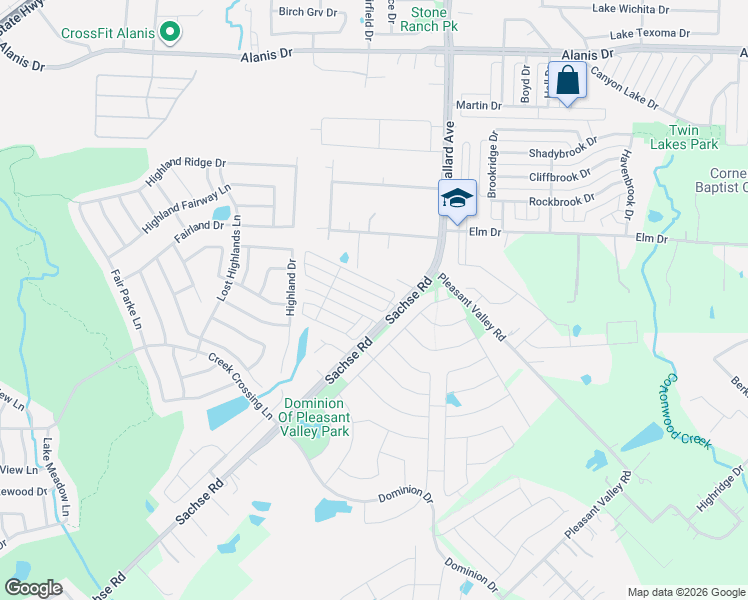 map of restaurants, bars, coffee shops, grocery stores, and more near 2250 Sachse Road in Wylie