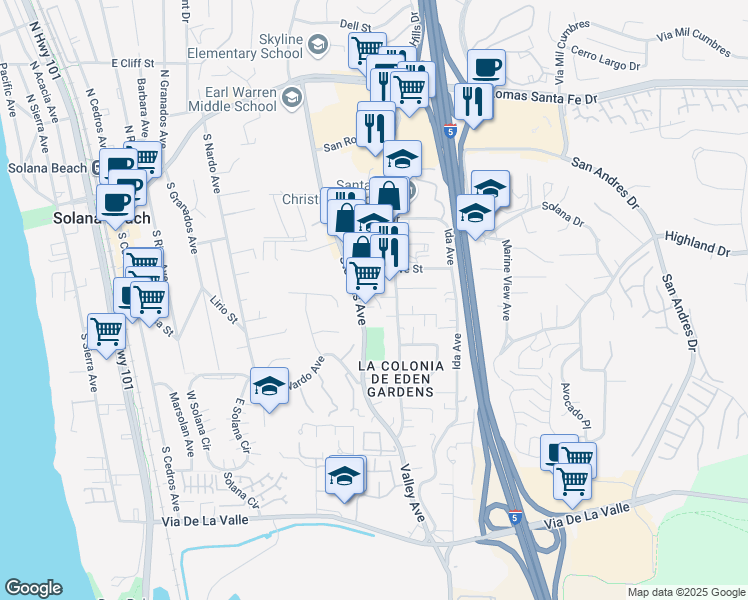 map of restaurants, bars, coffee shops, grocery stores, and more near 648 Stevens Avenue in Solana Beach