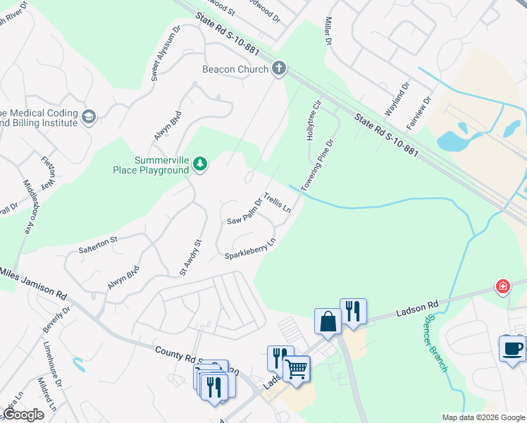map of restaurants, bars, coffee shops, grocery stores, and more near 101 Sparkleberry Lane in Ladson