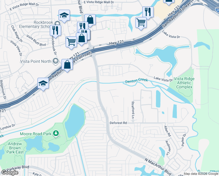 map of restaurants, bars, coffee shops, grocery stores, and more near 722 East Peninsula Drive in Coppell