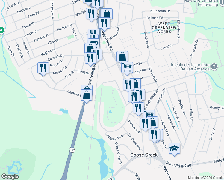 map of restaurants, bars, coffee shops, grocery stores, and more near 187 Middleton Drive in Goose Creek
