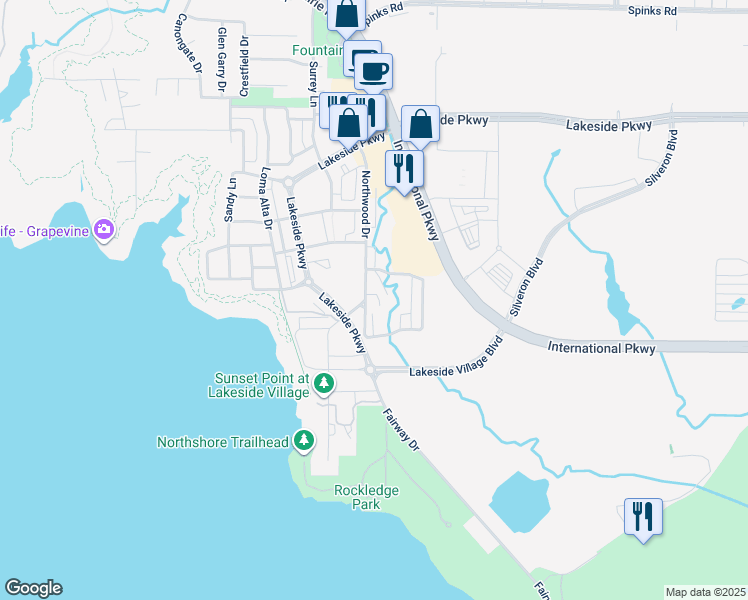 map of restaurants, bars, coffee shops, grocery stores, and more near 305 Oak Leaf Circle in Flower Mound