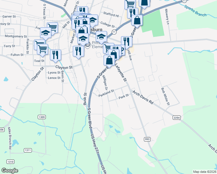 map of restaurants, bars, coffee shops, grocery stores, and more near 320 Milligan Drive in Pittsburg