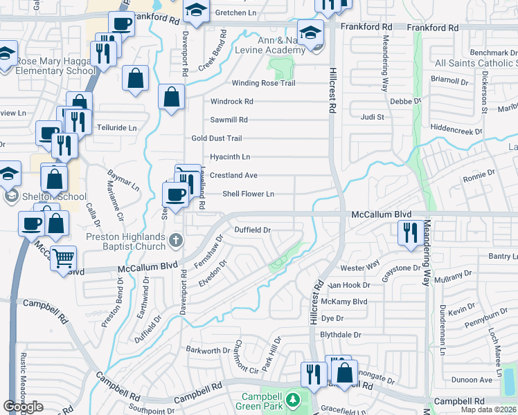 map of restaurants, bars, coffee shops, grocery stores, and more near 6705 McCallum Boulevard in Dallas