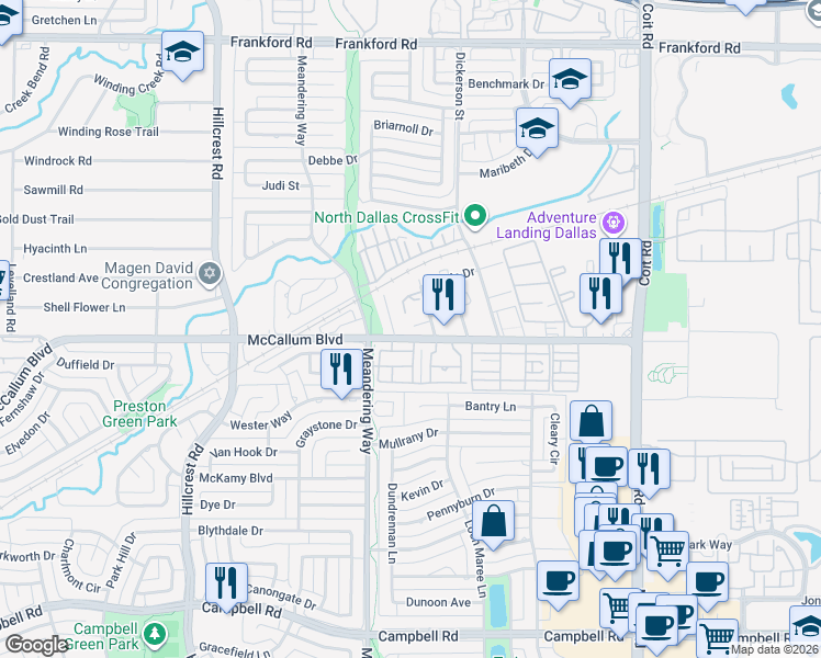 map of restaurants, bars, coffee shops, grocery stores, and more near 7605 McCallum Boulevard in Dallas