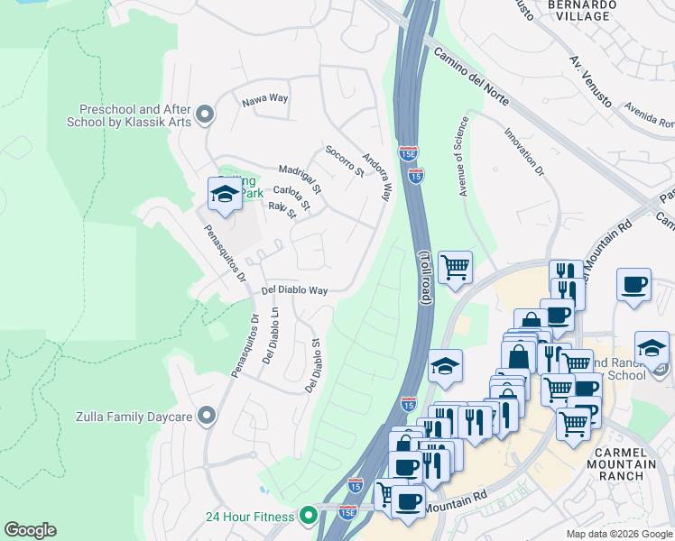 map of restaurants, bars, coffee shops, grocery stores, and more near 11195 Amalia Court in San Diego