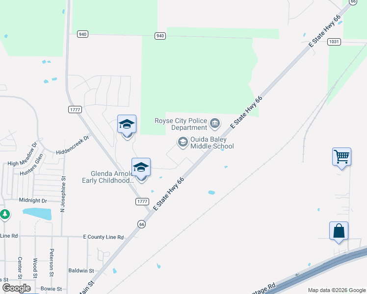 map of restaurants, bars, coffee shops, grocery stores, and more near 1310 Highway 66 in Royse City
