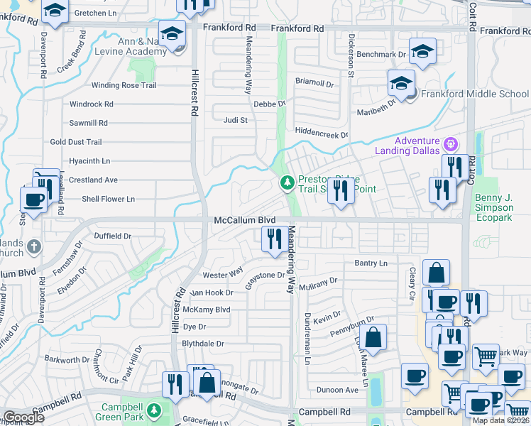 map of restaurants, bars, coffee shops, grocery stores, and more near 7319 Highland Heather Lane in Dallas