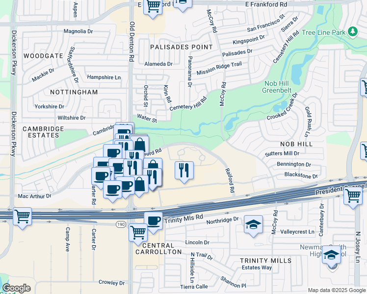map of restaurants, bars, coffee shops, grocery stores, and more near 14 Raiford Road in Carrollton