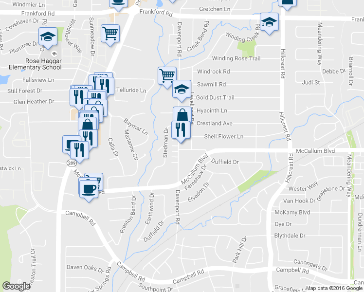 map of restaurants, bars, coffee shops, grocery stores, and more near 17604 Davenport Road in Dallas