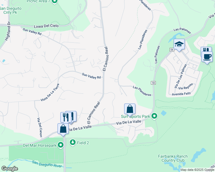 map of restaurants, bars, coffee shops, grocery stores, and more near 15035 El Camino Real in Del Mar