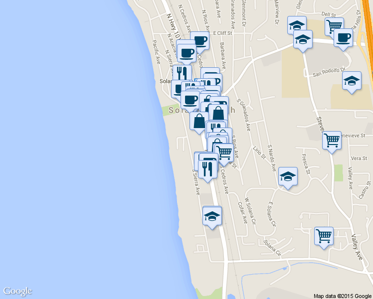 map of restaurants, bars, coffee shops, grocery stores, and more near 245 South Helix Avenue in Solana Beach