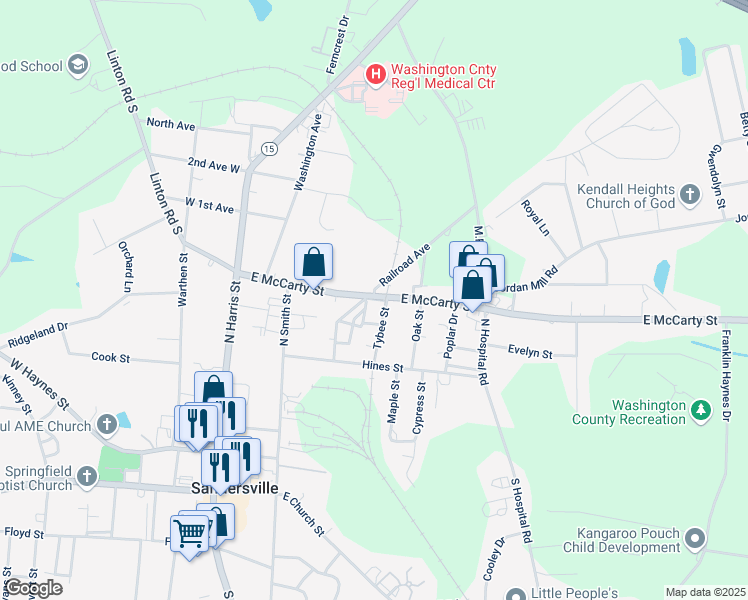 map of restaurants, bars, coffee shops, grocery stores, and more near 324 Augusta Alley in Sandersville