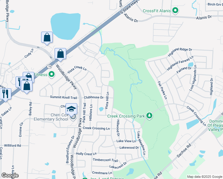 map of restaurants, bars, coffee shops, grocery stores, and more near 7411 Country Club Drive in Sachse