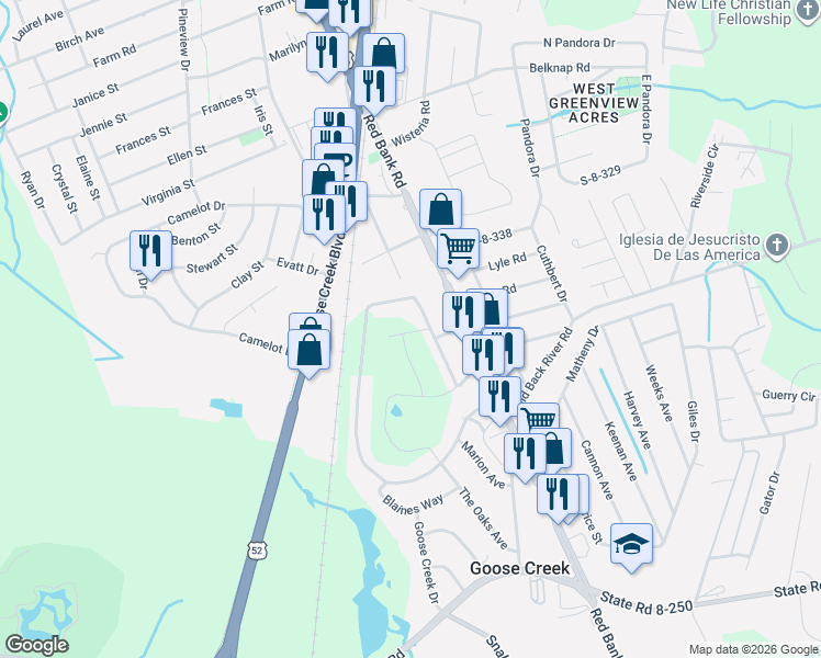 map of restaurants, bars, coffee shops, grocery stores, and more near 187 Middleton Drive in Goose Creek